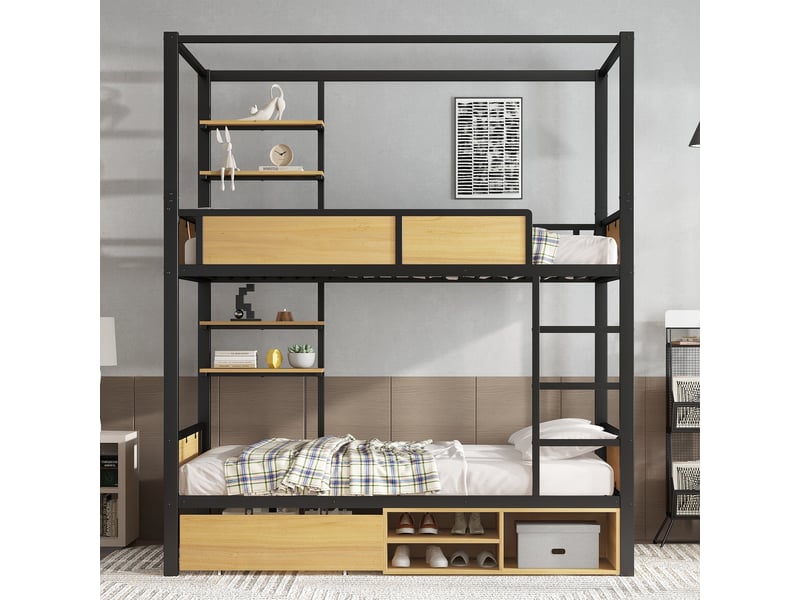  Lit superposé 90x200 cm - lit avec rollschubladen et échelle large - métal + mdf - sans matelas - noir  - Conforama D