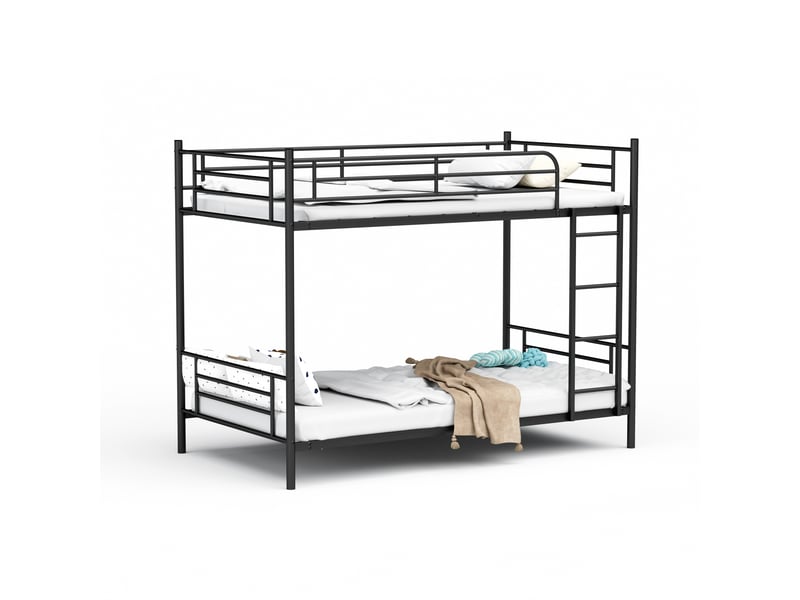  Lit superposé 90x190 cm, structure métallique, coloris noir, escalier sécurisé, garde-corps, conception fonctionnelle, gain de place optimisé  - Conforama A