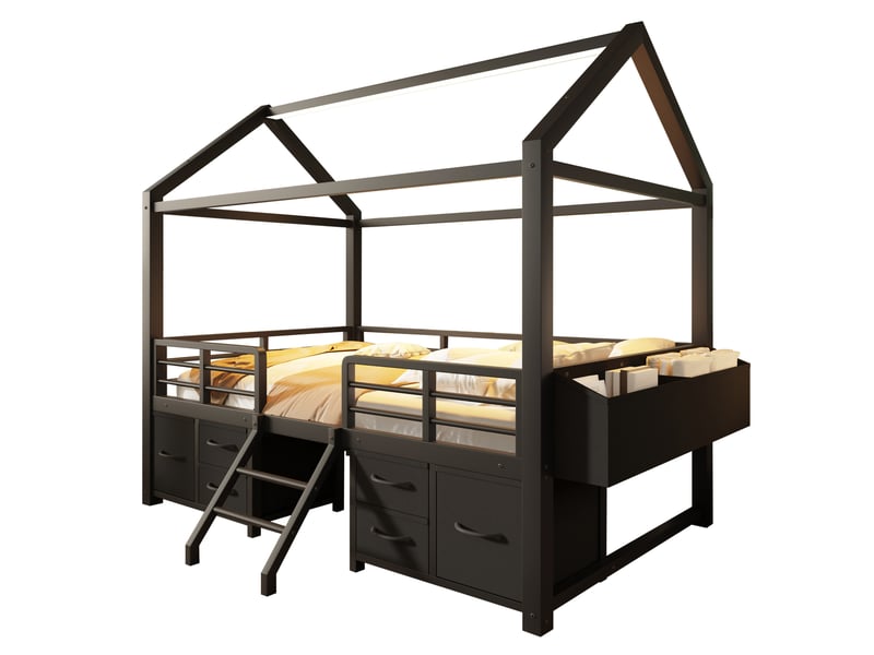 Lit mezzanine enfant 90 x 200 cm noir en métal et mdf, toit maison avec led et tiroirs de rangement  - Conforama A