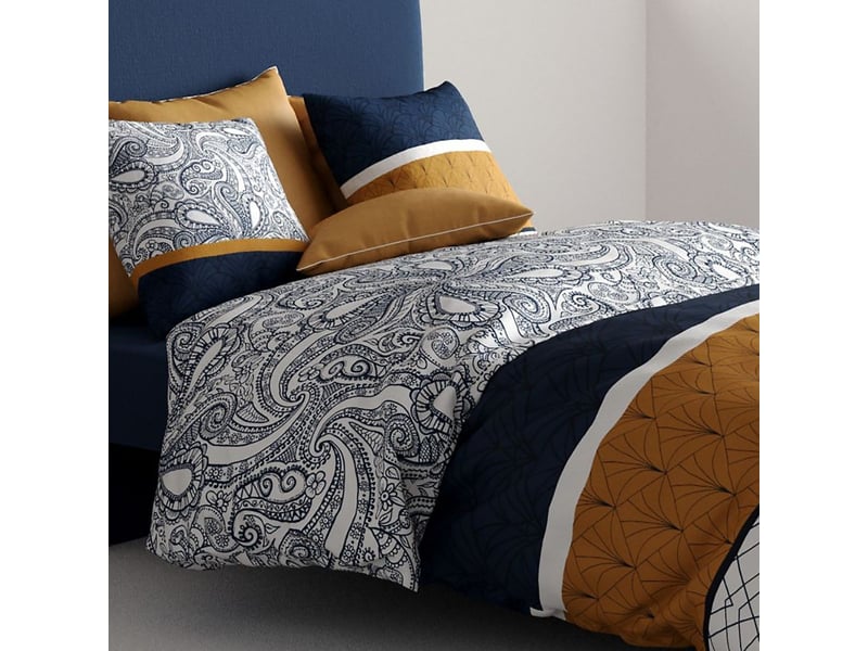  Parure housse de couette 260x240cm + 2 taies motif graphique bleu, ocre et blanc 100% coton - siloe SILOE - Conforama D