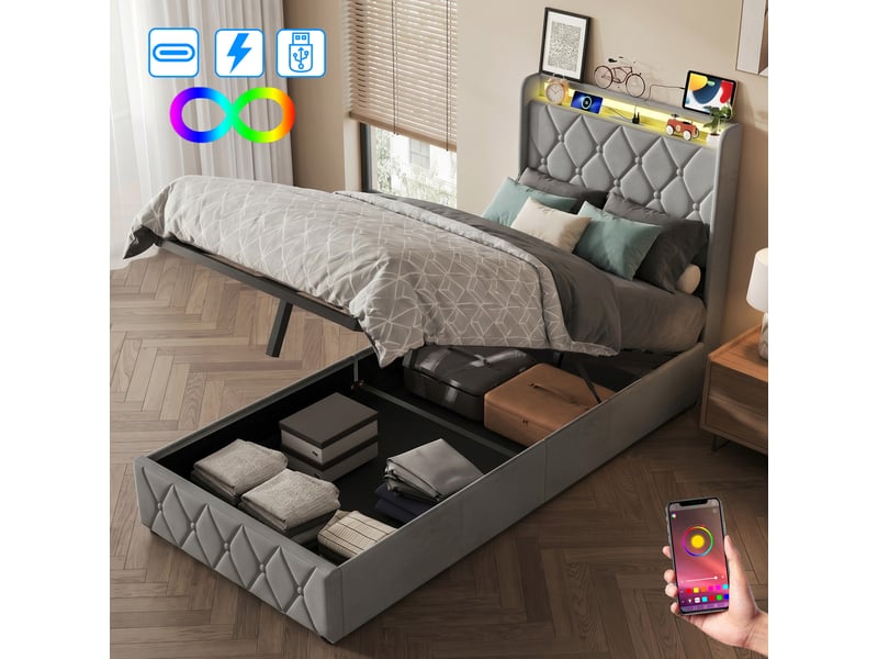  Lit simple 90x200 cm avec led,usb et type-c, lit enfant adolescent moderne, tête de lit rembourrée, velours gris  - Conforama B