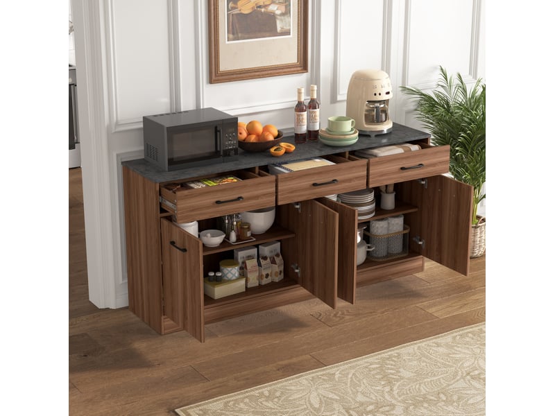  Buffet de cuisine modenvie 160 cm avec 3 tiroirs, 2 compartiments à étagères réglables, plateau aspect béton, finition bois foncé, 160 x 37 x 76,5 cm  - Conforama E