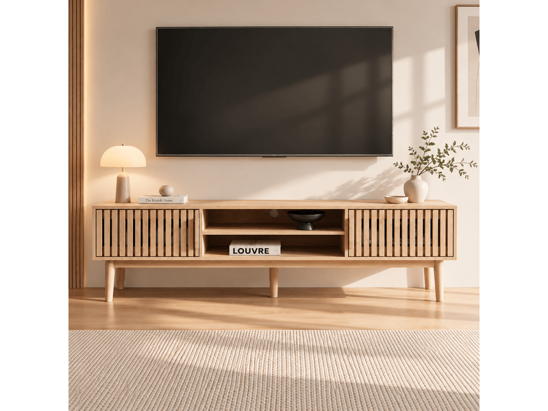 Meuble tv 150 cm, avec cloisons ouvertes et 2 portes de rangementen, scandinave, 5 pieds en bois massif, bois clair - Conforama B