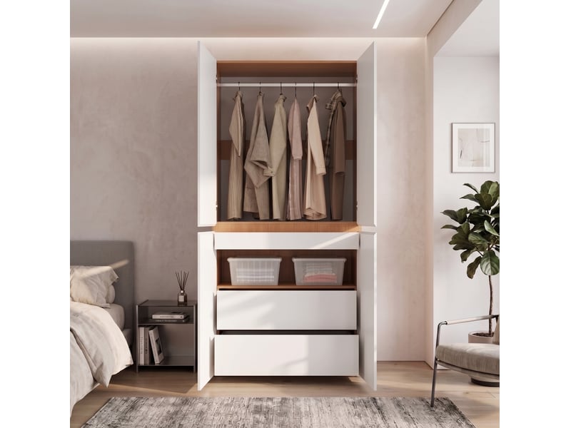  Armoire tcqpz 4 portes 90 x 50 x 200 cm avec penderie, tiroir à bijoux et rangements blanc effet chêne  - Conforama E