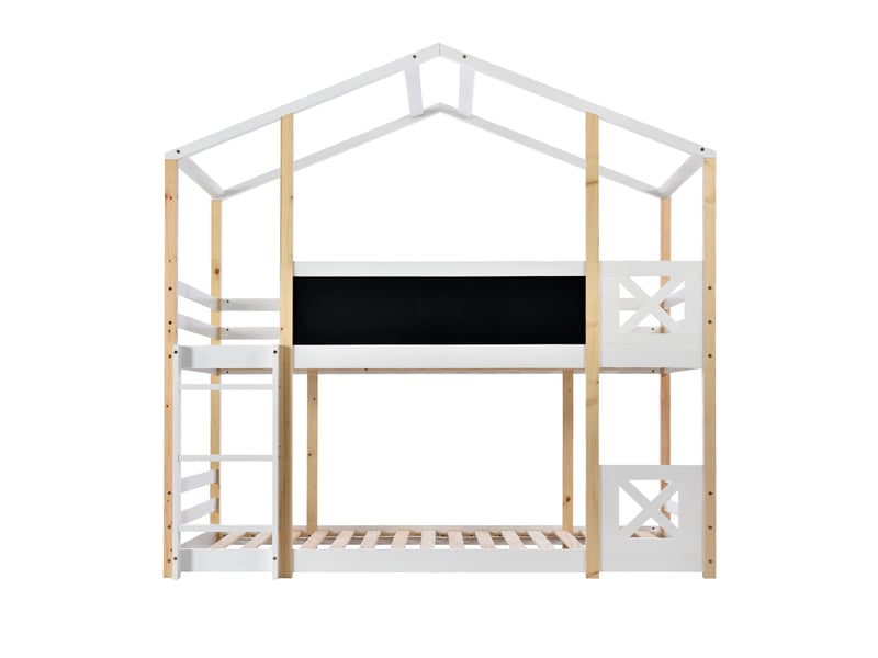 Lit superposé cabane enfant 90 x 200 cm avec échelle, barrières, tableau et 2 sommiers à lattes, blanc et bois naturel AB20388990W - Conforama E