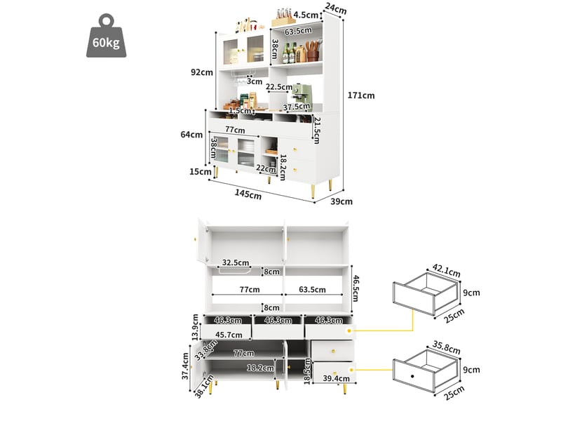 Buffet haut 145 x 39 x 171 cm – blanc et doré – portes en verre strié, range-bouteilles et tiroirs - Conforama C