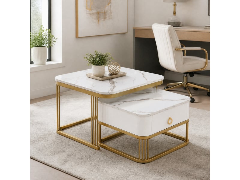 Tables basses gigognes 60x60x45 cm et 50x50x34 cm avec tiroir, blanc et doré  - Conforama B