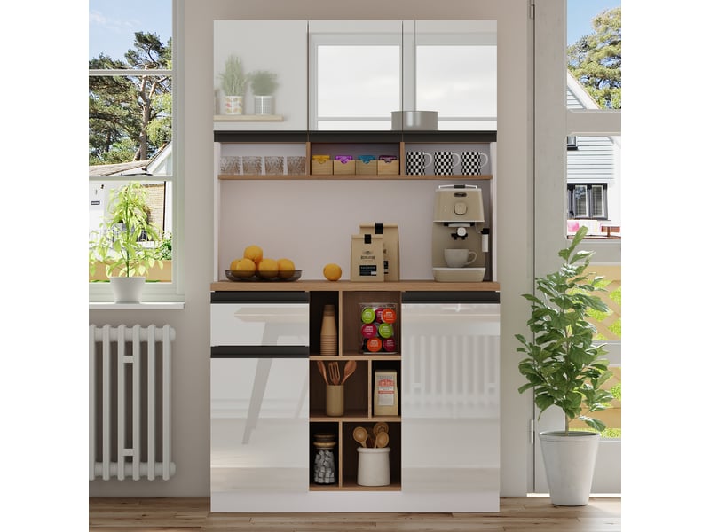 Buffet blanc moderne 105x45x185 cm – portes brillantes, étagères réglables, sécurité anti-bascule - Conforama B