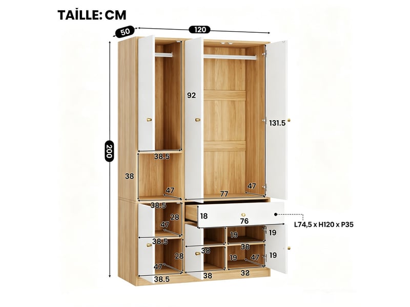  Armoire 3 portes de chambre, 120 x 50 x 200 cm, 2 penderies, 1 tiroir, 6 compartiments de rangement et une niche ouverte, blanc  - Conforama C