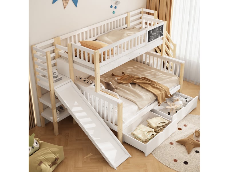  Lit superposé enfant blanc et bois naturel avec toboggan, escalier et rangements 90 x 200 cm et 140 x 200 cm  - Conforama C