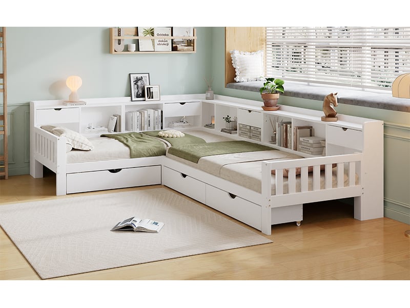  Lit double enfant en l 2 x 90 x 200 cm blanc, étagères, petits tiroirs et trois grands tiroirs sous les couchages  - Conforama B