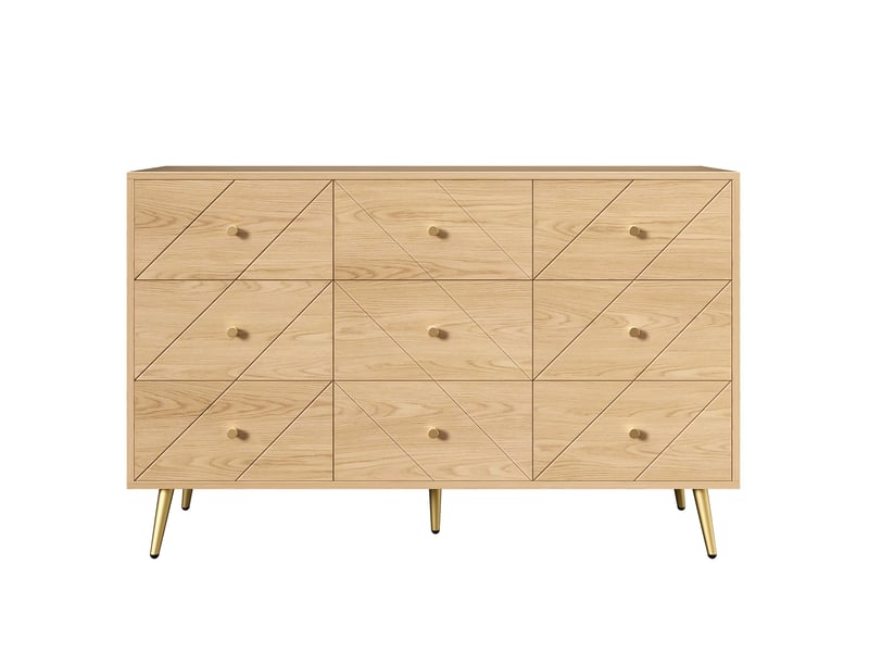  Commode moderne à 9 tiroirs avec pieds en fer – 120 x 39 x 80 cm – motifs géométriques élégants – couleur naturel  - Conforama A
