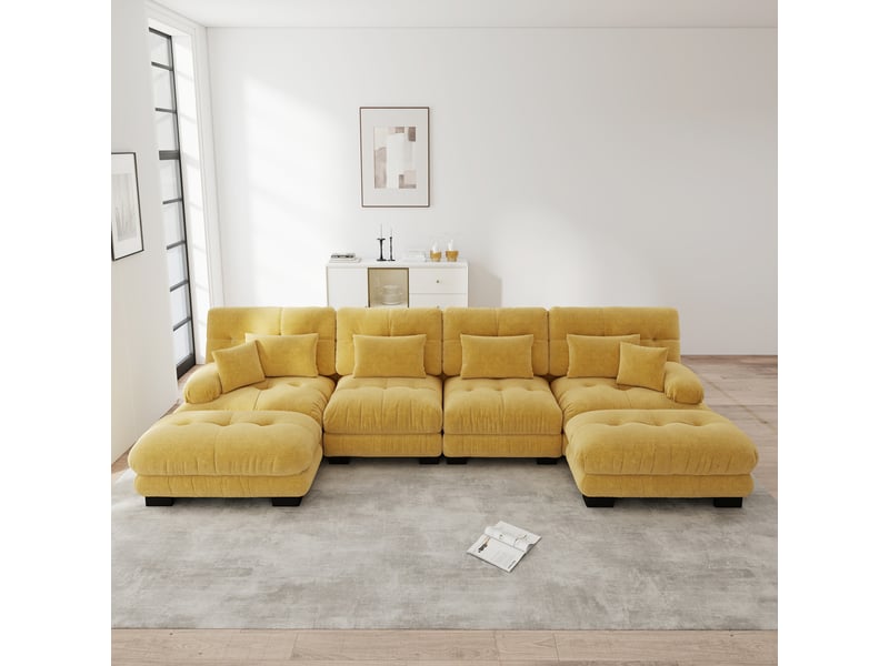  Canapé modulable 4 places en chenille jaune avec poufs mobiles  - Conforama B