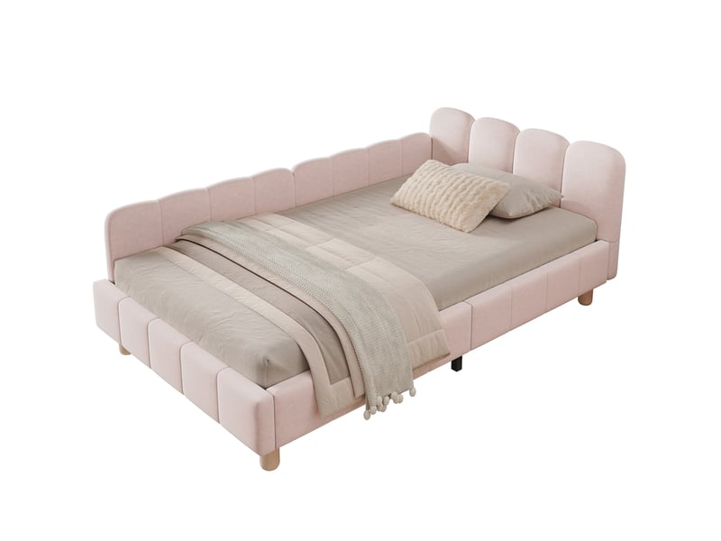  Lit enfant 90x200 cm, pieds bois, tête de lit inclinée, accoudoirs modulables, lit simple, finition velours, rose, sans matelas  - Conforama A