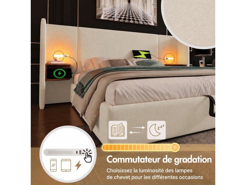  Lit coffre hydraulique beige en lin, double 160 x 200 cm, lampe tactile et usb  - Conforama E