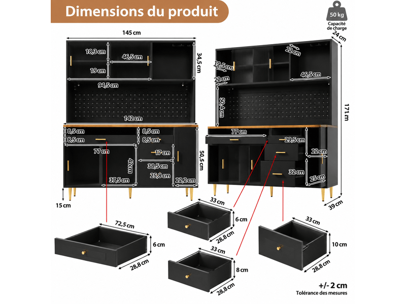 Buffet haut 145x39x171 cm avec led connectée, portes vitrées coulissantes, porte-verres et rangement réglable, mdf noir OMNIGLINT TRADING LTD - Conforama C