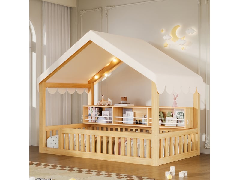  Lit cabane enfant tcqpz 90 x 200 cm au sol avec guirlande led bibliothèque et barrières de sécurité bois naturel  - Conforama B
