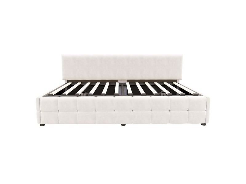  Canapé-lit 90x200 velours beige, rangement hydraulique, dossier, motif à carreaux  - Conforama A