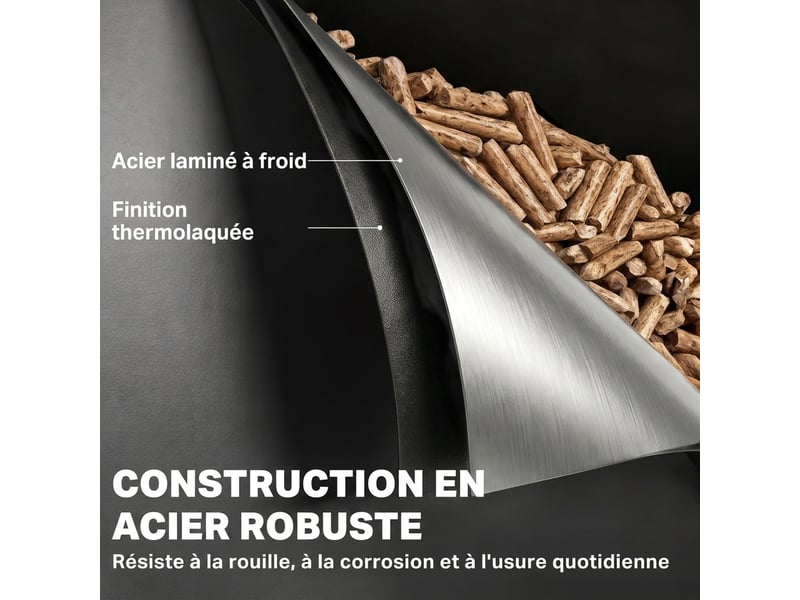 Réservoir à pellets granulés en acier 30 kg, roulettes, fenêtre de niveau, tamis avec poignée, 36,5x36,5x61,5cm, noir - Conforama E