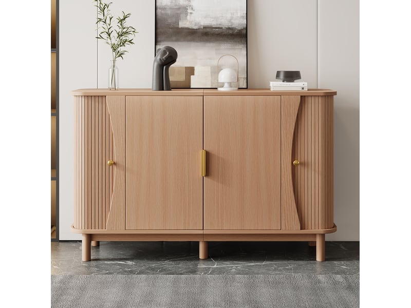 Buffet de rangement 140x40x88 cm, meuble salon, portes coulissantes, rangements ajustables, bords arrondis, mdf naturel - Conforama D