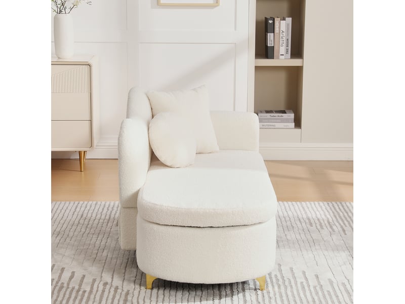  Banc coffre 134x64x70 cm, méridienne avec rangemen, dossier ondulé et 2 coussins, meuble salon, tissu teddy beige blanc  - Conforama R