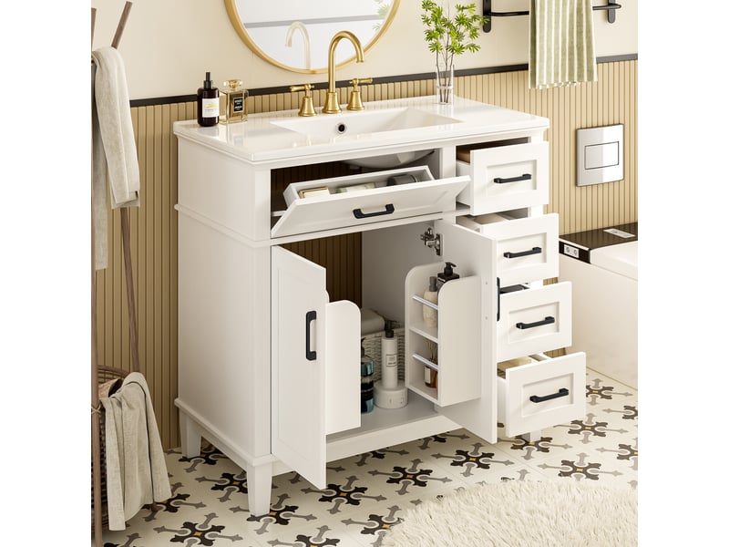  Meuble de salle de bain - 90x46x87 cm - meuble sous vasque sur pied avec vasque en céramique - blanc  - Conforama C