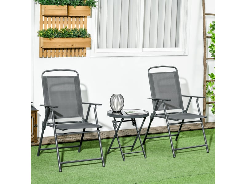  Ensemble de jardin 3 pièces comprenant 2 chaises (53,5 x 64 x 93 cm) et une table basse (ø 45 x 50 cm), en métal gris foncé.  - Conforama D