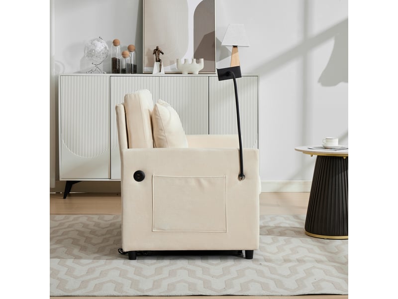  Fauteuil convertible 1 place avec port usb et support tablette  - structure métal bois, tissu effet lin beige  - Conforama E