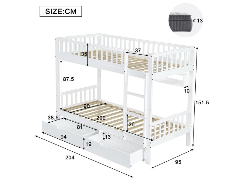  Lit superposé 90x200cm avec échelle 3 marches barrière étagères tiroirs blanc  - Conforama C
