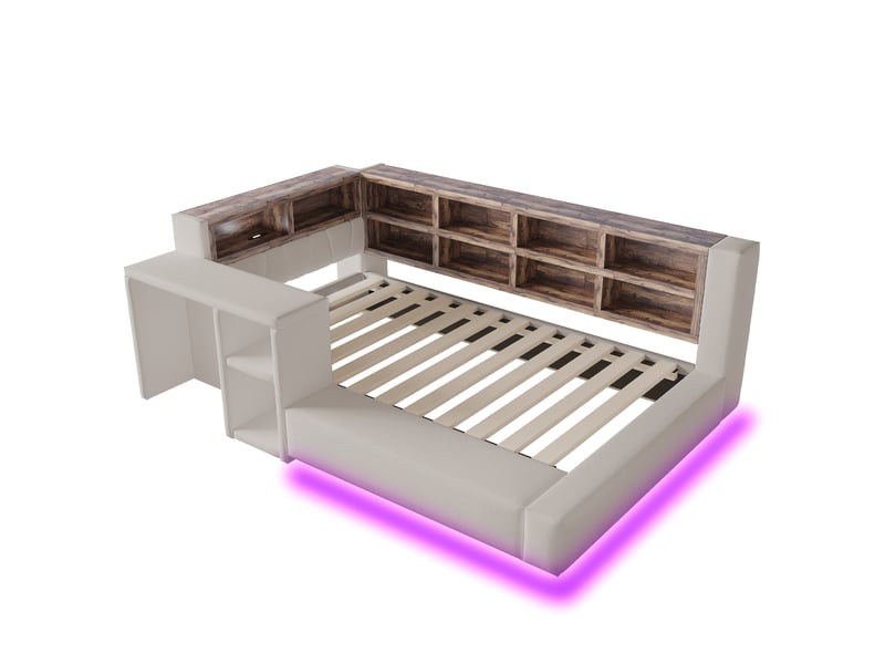  Lit rembourré gris clair 90x200 cm avec rangements, led, prises et table d’appoint  - Conforama E