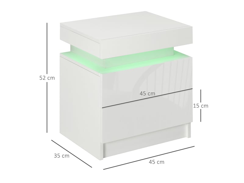  Table de chevet led rgb avec 2 tiroirs, 4 modes d'éclairage et 16 couleurs, en bois, 45 x 35 x 52 cm, blanche  - Conforama E