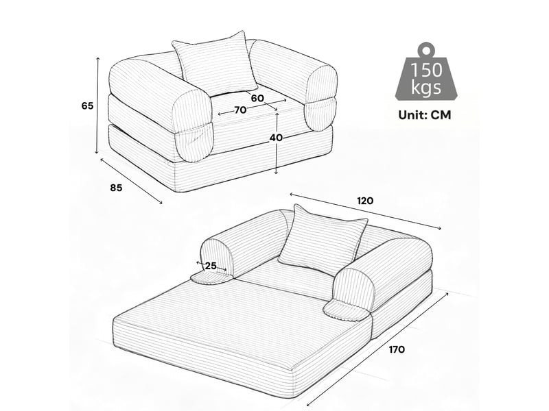  Canapé convertible 1 place en velours côtelé vert, fauteuil-lit compact avec coussin assorti, pour petit espace  - Conforama C
