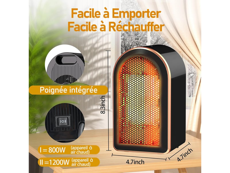  Chauffage soufflant, économe en énergie, avec protection contre la surchauffe et le basculement, céramique ptc, petit chauffage électrique, 1200 w, noir GTR01897 - Conforama B