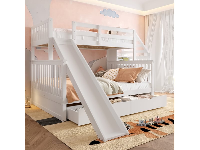 Lit superposé 90x200 et 140x200 cm avec toboggan et tiroirs, blanc antique - Conforama B