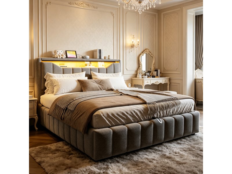  Lit adulte 180 x 200 cm, équipé de ports de recharge usb et usb-c, en lin,gris  - Conforama B