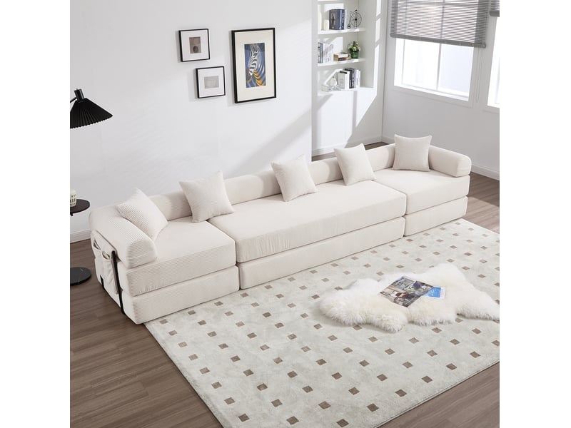 Canapé d'angle 4 places moderne 270x180x64 cm, stockage, poches, modulable à volonté, en velours côtelé, beige - Conforama E