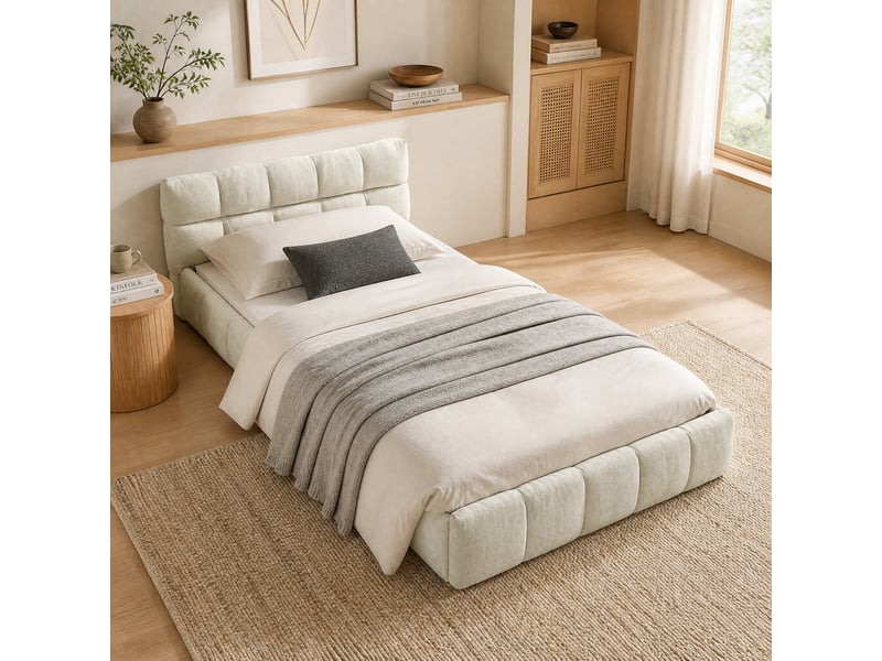  Lit simple enfant 90x200 cm en chenille beige, cadre en bois d’eucalyptus et fer  - Conforama D