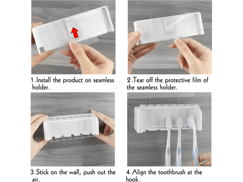  Porte-brosse à dents mural à 5 ​​compartiments avec couvercle, support de rangement autocollant pour brosse à dents, pour salle de bain et dortoir  - Conforama D