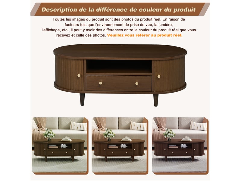  Table basse ovale en mdf finition noyer – 100 x 50 x 36 cm – 1 tiroir et rangements à rideau  - Conforama C