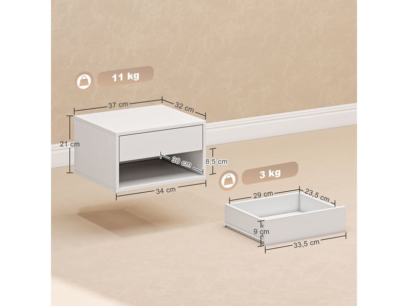  Lot de 2 tables de chevet murales 37 x 32 x 21 cm tiroir étagère gain de place moderne en panneau de particules blanc 21_0001554  - Conforama B