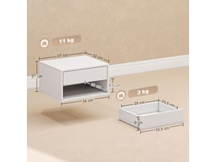 Lot de 2 tables de chevet murales 37 x 32 x 21 cm tiroir étagère gain de place moderne en panneau de particules blanc 21_0001554