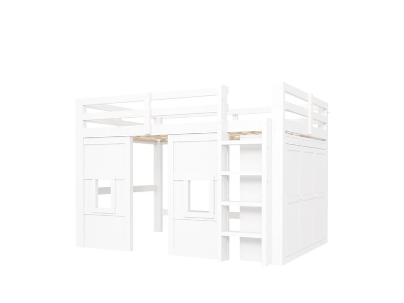 Lit mezzanine en bois, 140 x 200 cm, avec armoire intégrée, 2 fenêtres et éclairage led, blanc N879P000209K-1 - Conforama A
