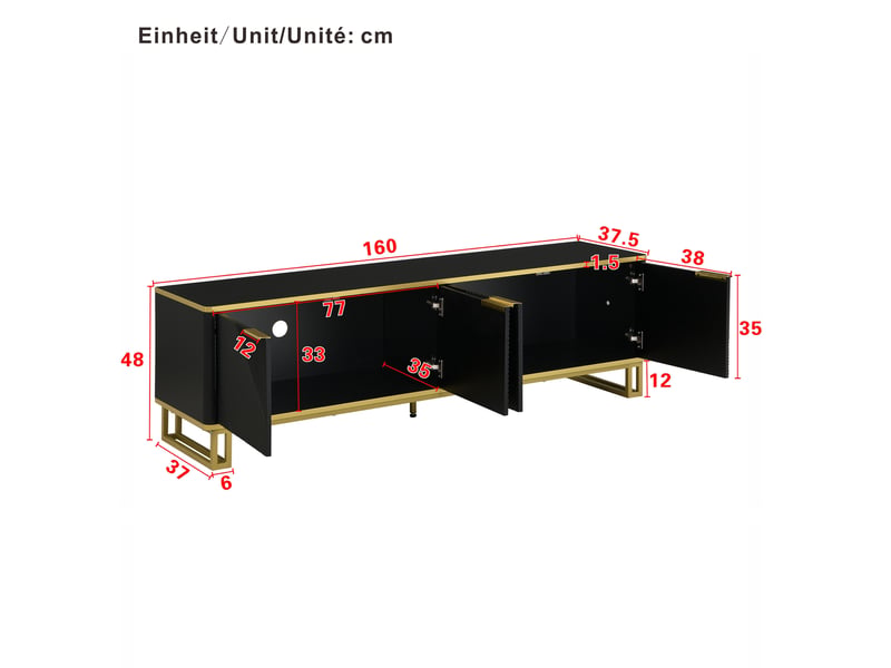  Meuble tv 160 x 37,5 x 48 cm, 4 portes, passe-câbles, façades géométriques en relief, structure métal, noir et doré, rangement pour salon CARDUME ESTIVAL - Conforama C