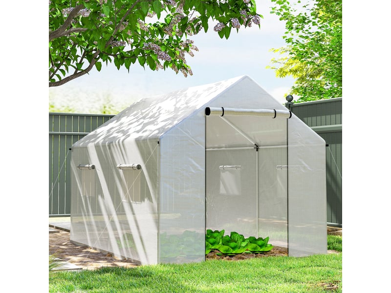  Serre tunnel 2 x 3 x 2 m avec portes et fenêtres coulissantes et toit pointu, en acier et pe, blanche  - Conforama D