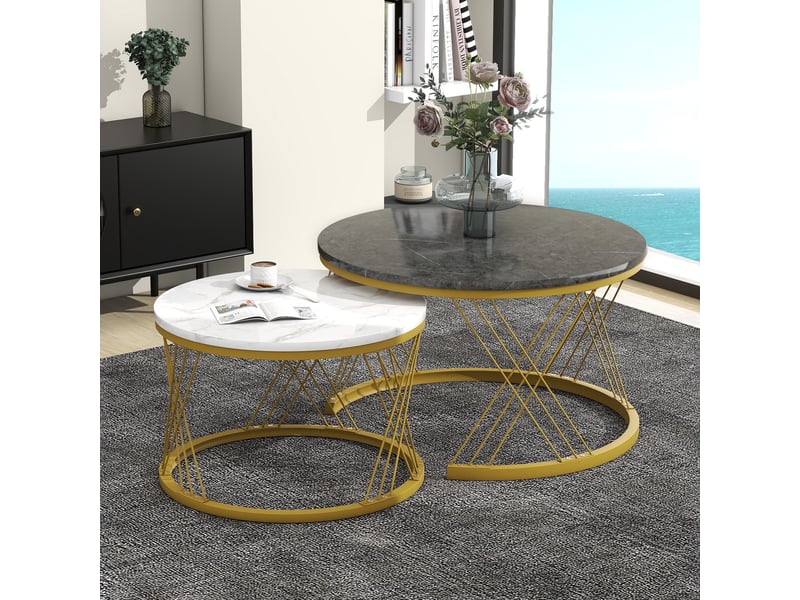 Tables basses gigognes rondes avec plateaux aspect marbre et pieds réglables, mdf gris - Conforama C