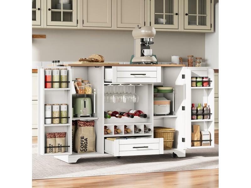 Desserte de cuisine 138x70x92 cm avec plan rabattable, rangements, blanc naturel - Conforama B
