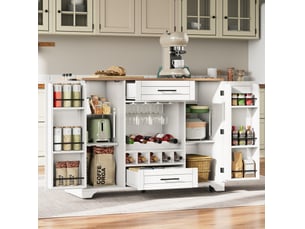 Desserte de cuisine 138x70x92 cm avec plan rabattable, rangements, blanc naturel