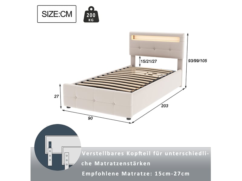  Lit enfant 90x200 cm avec led, rangement hydraulique et tête de lit réglable beige  - Conforama C