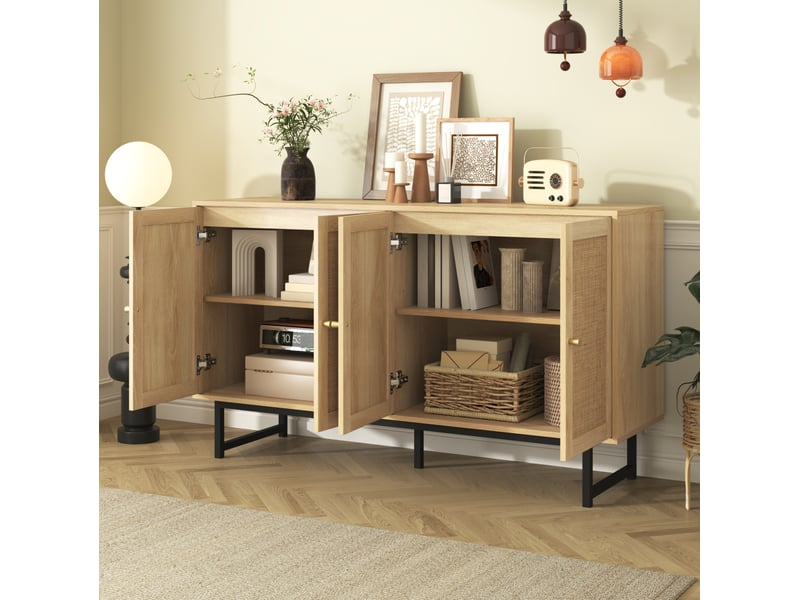  Buffet bas 140x39,5x80 cm bois clair en panneaux de particules, 4 portes, pieds métal noirs, grand rangement  - Conforama B