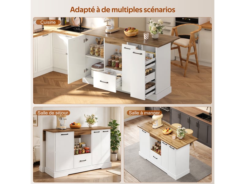  Desserte de cuisine avec 4 tiroirs, étagères réglables et plateau rabattable en mdf 150×65×80 cm blanc naturel  - Conforama E